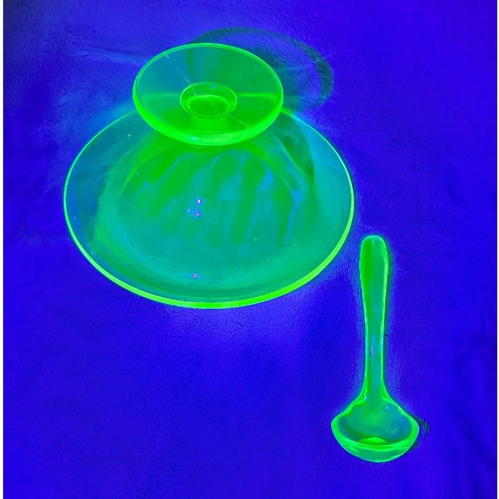 Vintage Uranium Glass Footed Pedestal Mayonnaise Bowl Spoon Set‎